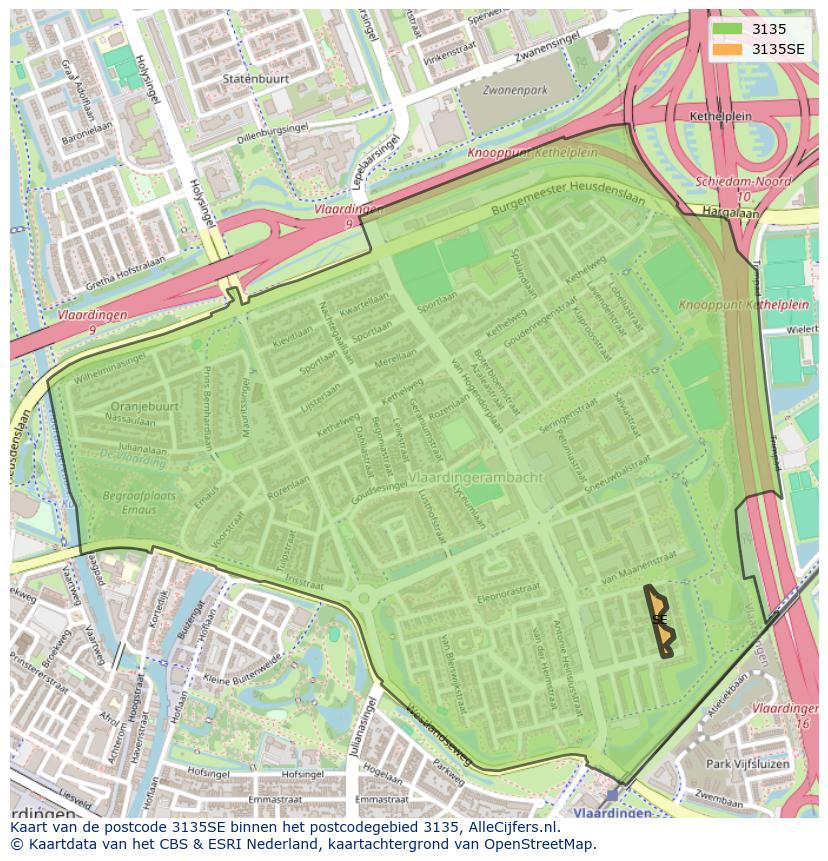 Afbeelding van het postcodegebied 3135 SE op de kaart.