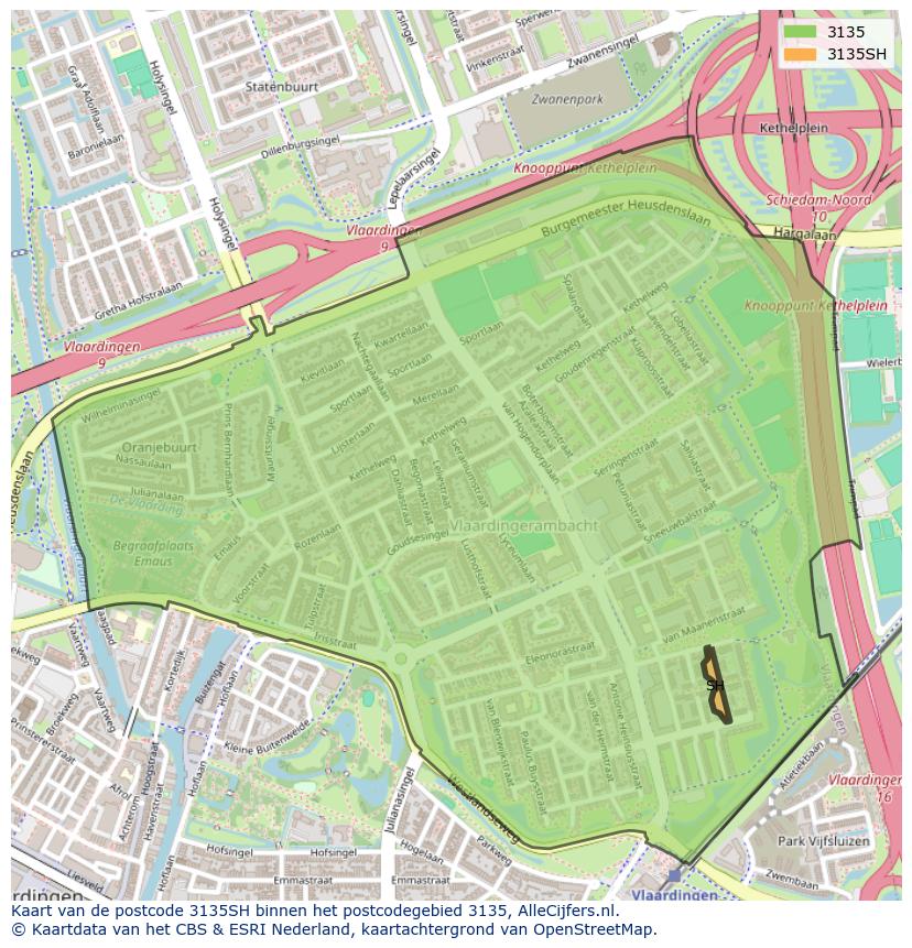 Afbeelding van het postcodegebied 3135 SH op de kaart.
