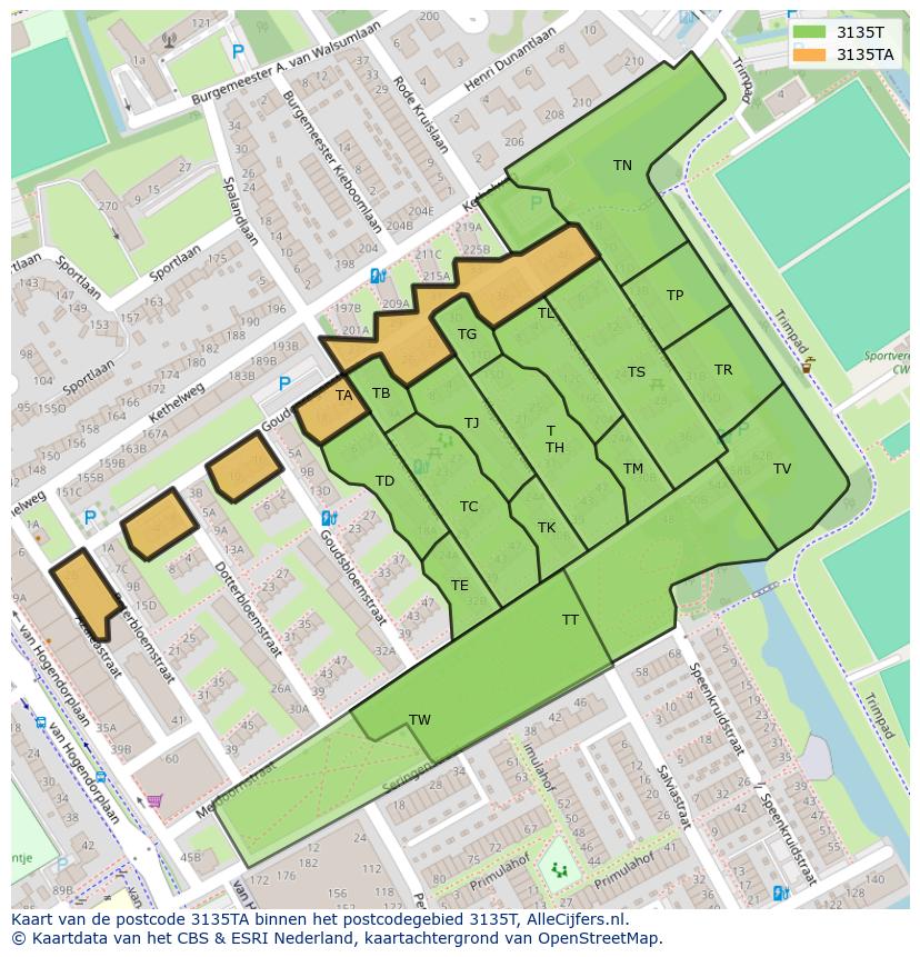 Afbeelding van het postcodegebied 3135 TA op de kaart.