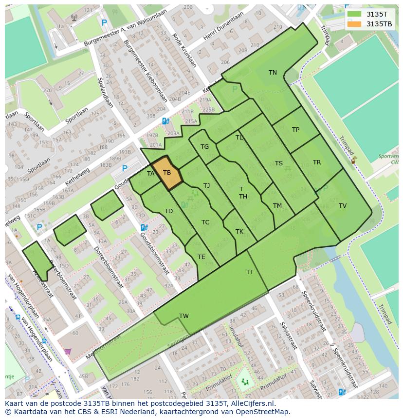 Afbeelding van het postcodegebied 3135 TB op de kaart.