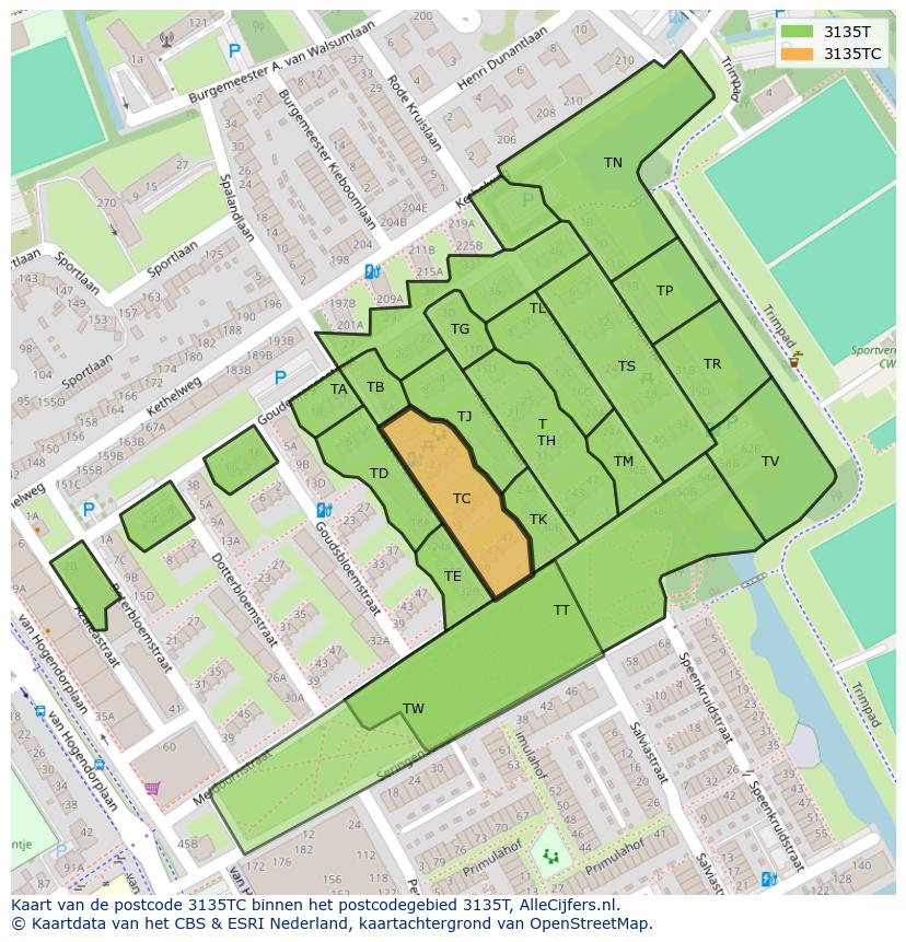 Afbeelding van het postcodegebied 3135 TC op de kaart.