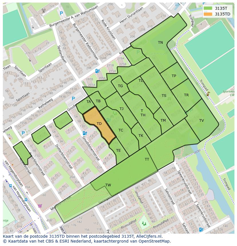 Afbeelding van het postcodegebied 3135 TD op de kaart.