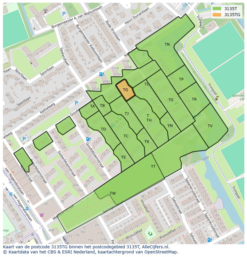 Afbeelding van het postcodegebied 3135 TG op de kaart.