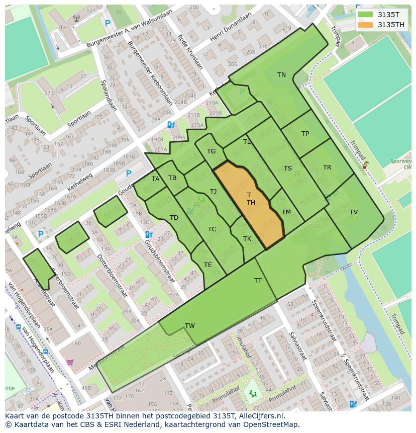 Afbeelding van het postcodegebied 3135 TH op de kaart.