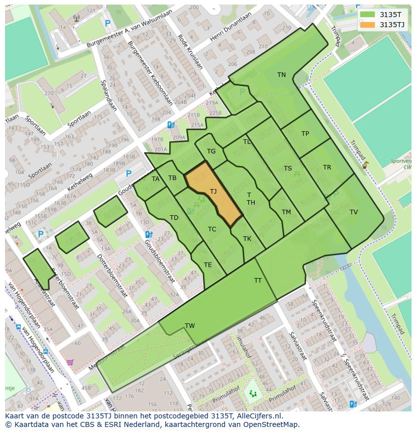Afbeelding van het postcodegebied 3135 TJ op de kaart.