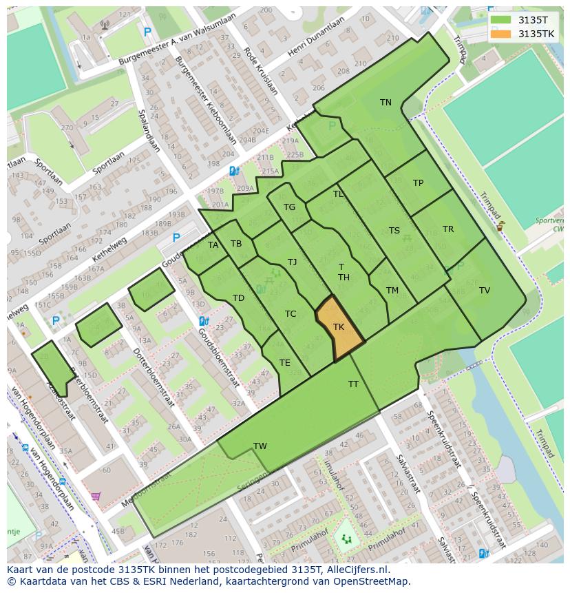 Afbeelding van het postcodegebied 3135 TK op de kaart.