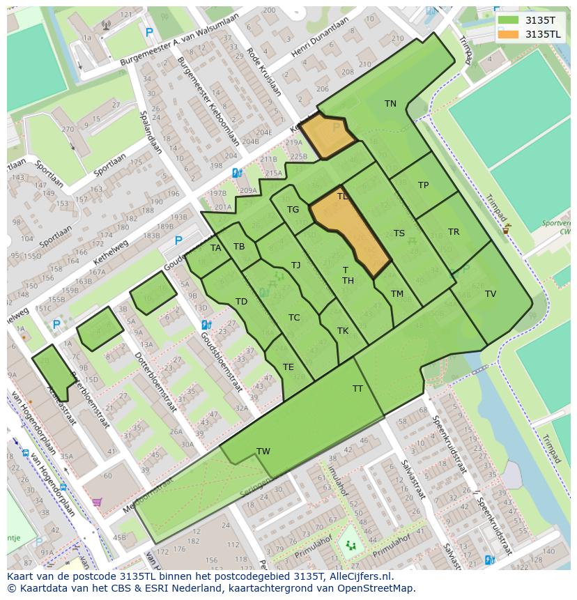 Afbeelding van het postcodegebied 3135 TL op de kaart.