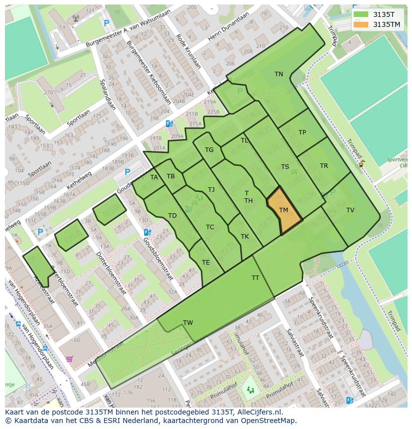 Afbeelding van het postcodegebied 3135 TM op de kaart.