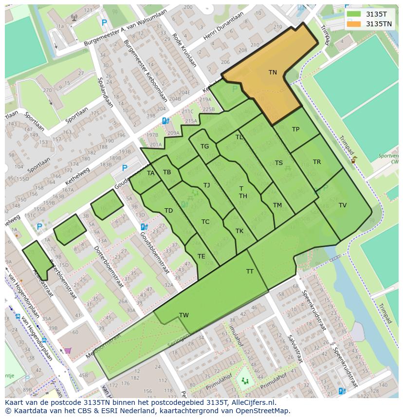 Afbeelding van het postcodegebied 3135 TN op de kaart.