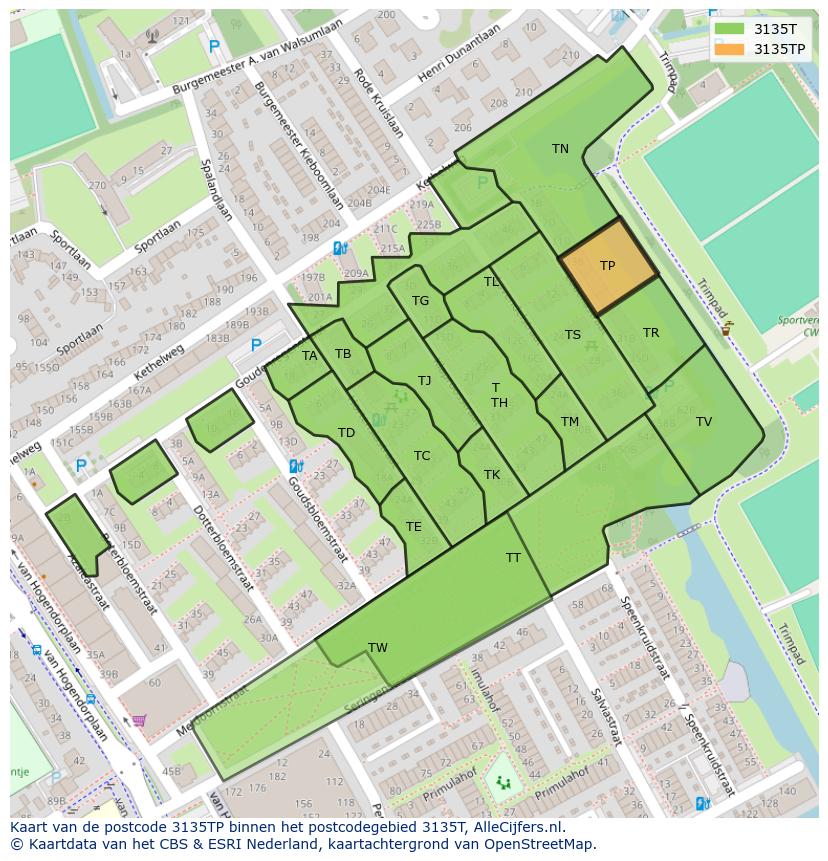 Afbeelding van het postcodegebied 3135 TP op de kaart.