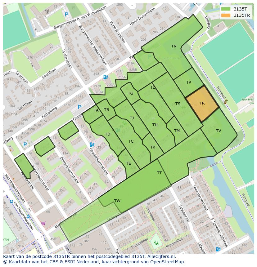 Afbeelding van het postcodegebied 3135 TR op de kaart.