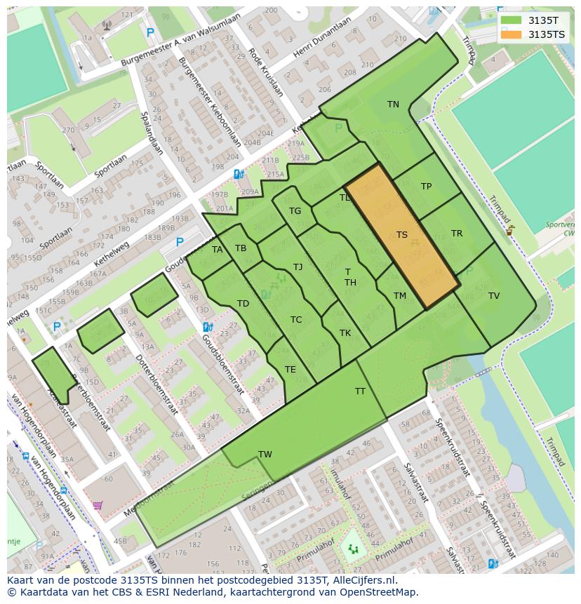 Afbeelding van het postcodegebied 3135 TS op de kaart.