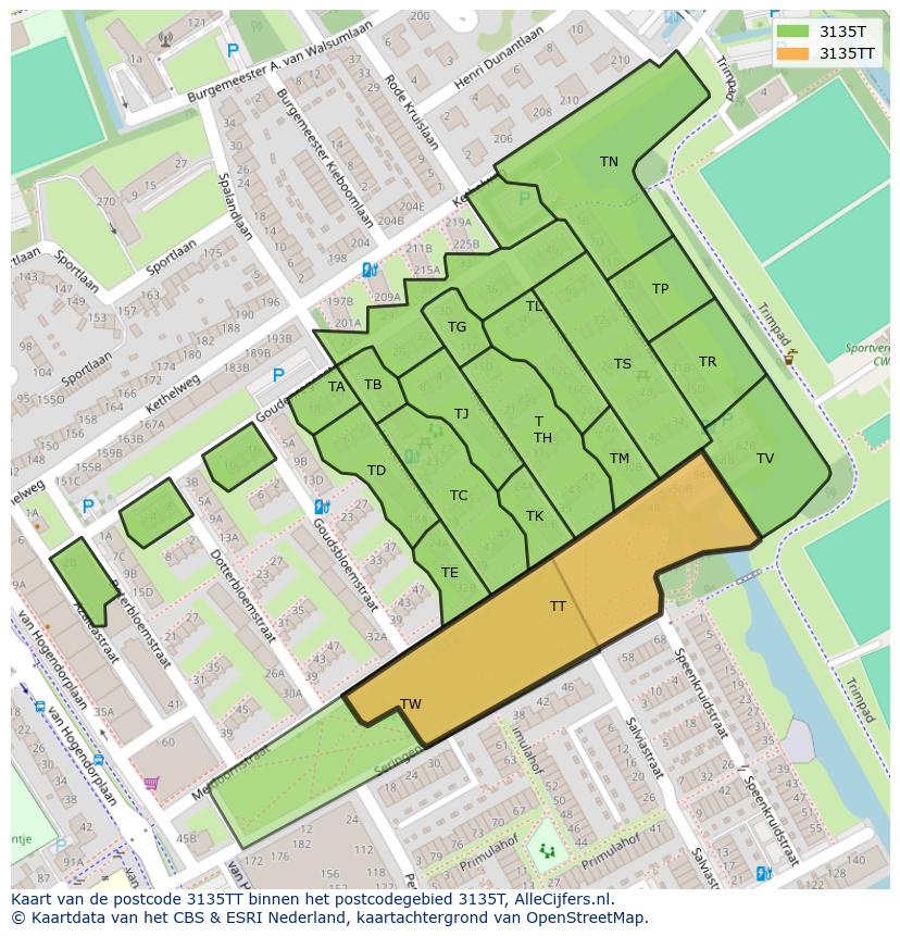 Afbeelding van het postcodegebied 3135 TT op de kaart.