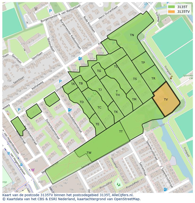 Afbeelding van het postcodegebied 3135 TV op de kaart.