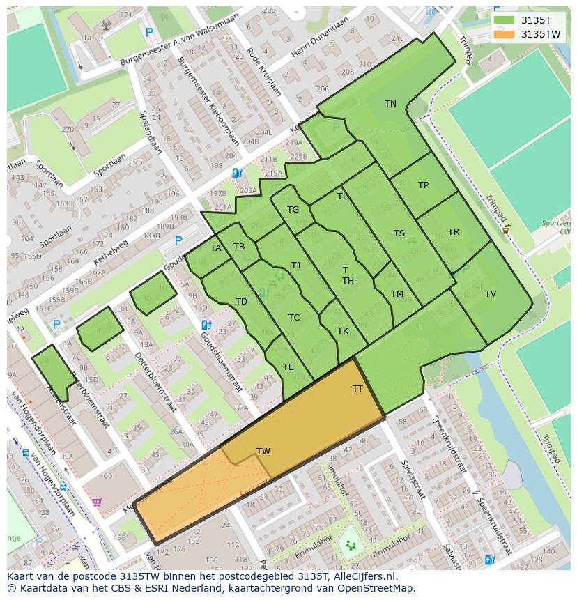 Afbeelding van het postcodegebied 3135 TW op de kaart.