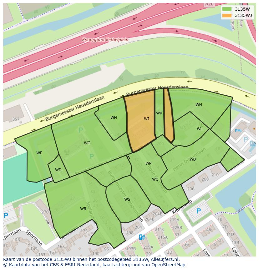 Afbeelding van het postcodegebied 3135 WJ op de kaart.