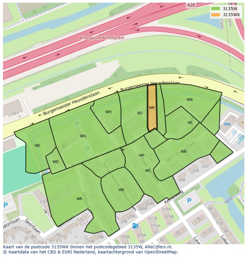 Afbeelding van het postcodegebied 3135 WK op de kaart.