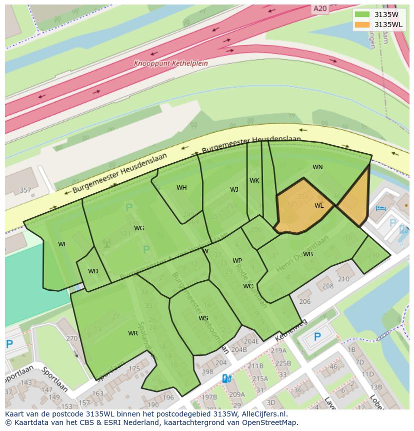 Afbeelding van het postcodegebied 3135 WL op de kaart.