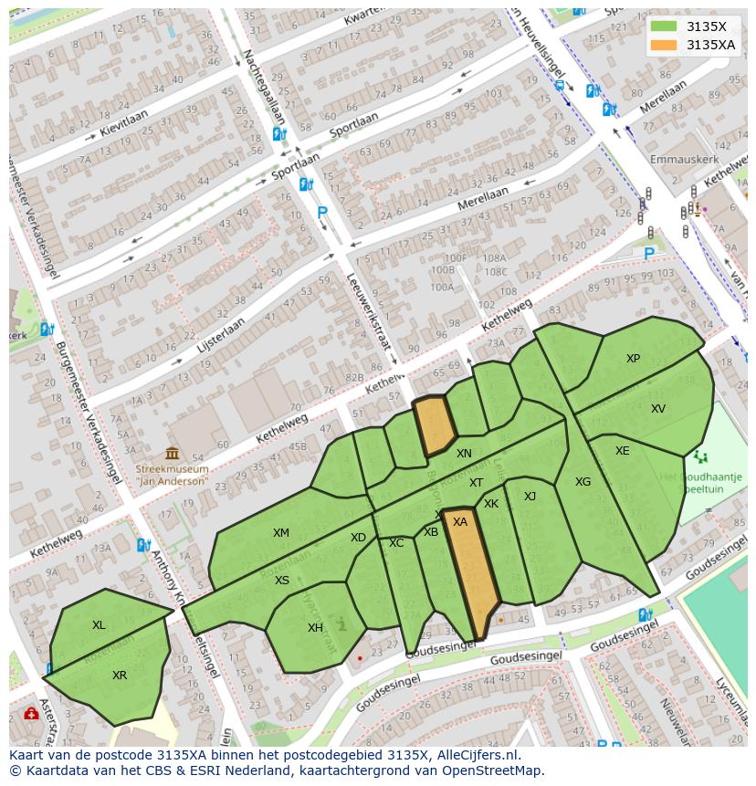 Afbeelding van het postcodegebied 3135 XA op de kaart.