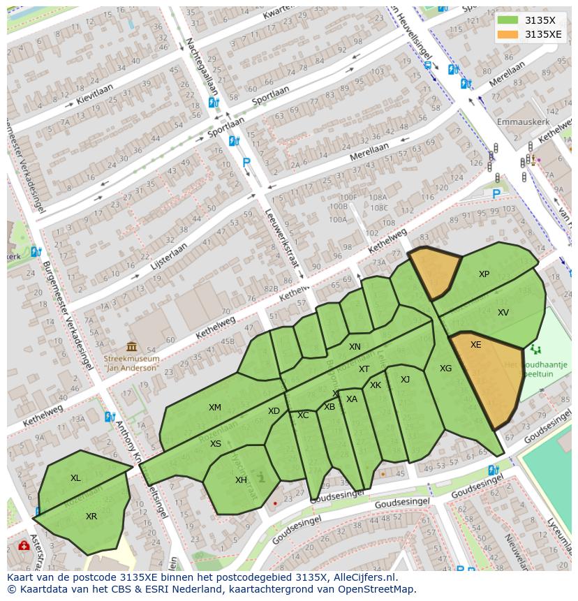 Afbeelding van het postcodegebied 3135 XE op de kaart.