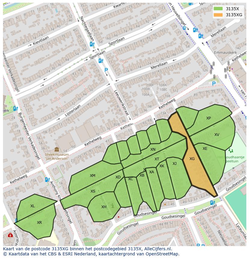 Afbeelding van het postcodegebied 3135 XG op de kaart.