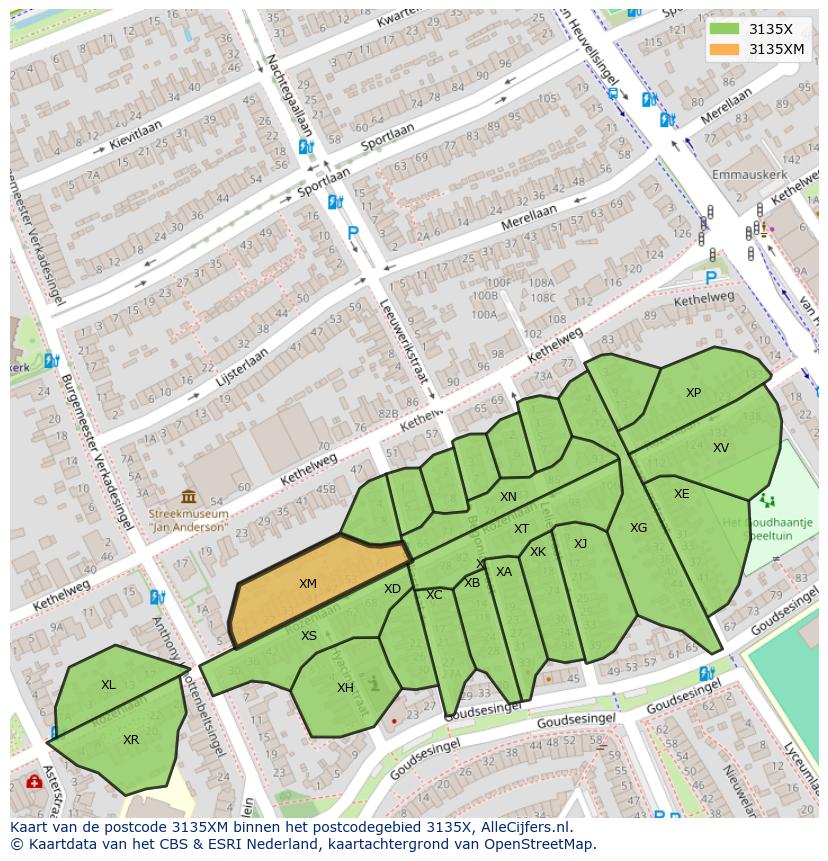 Afbeelding van het postcodegebied 3135 XM op de kaart.