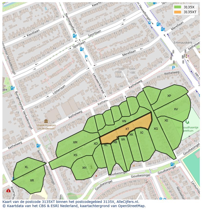 Afbeelding van het postcodegebied 3135 XT op de kaart.