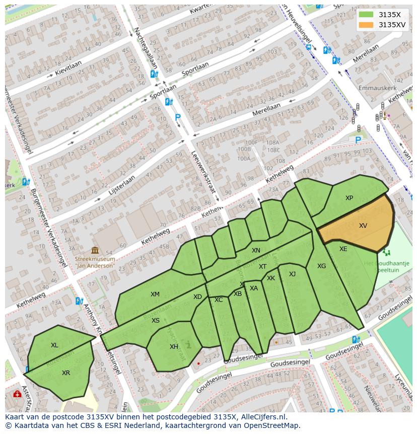 Afbeelding van het postcodegebied 3135 XV op de kaart.