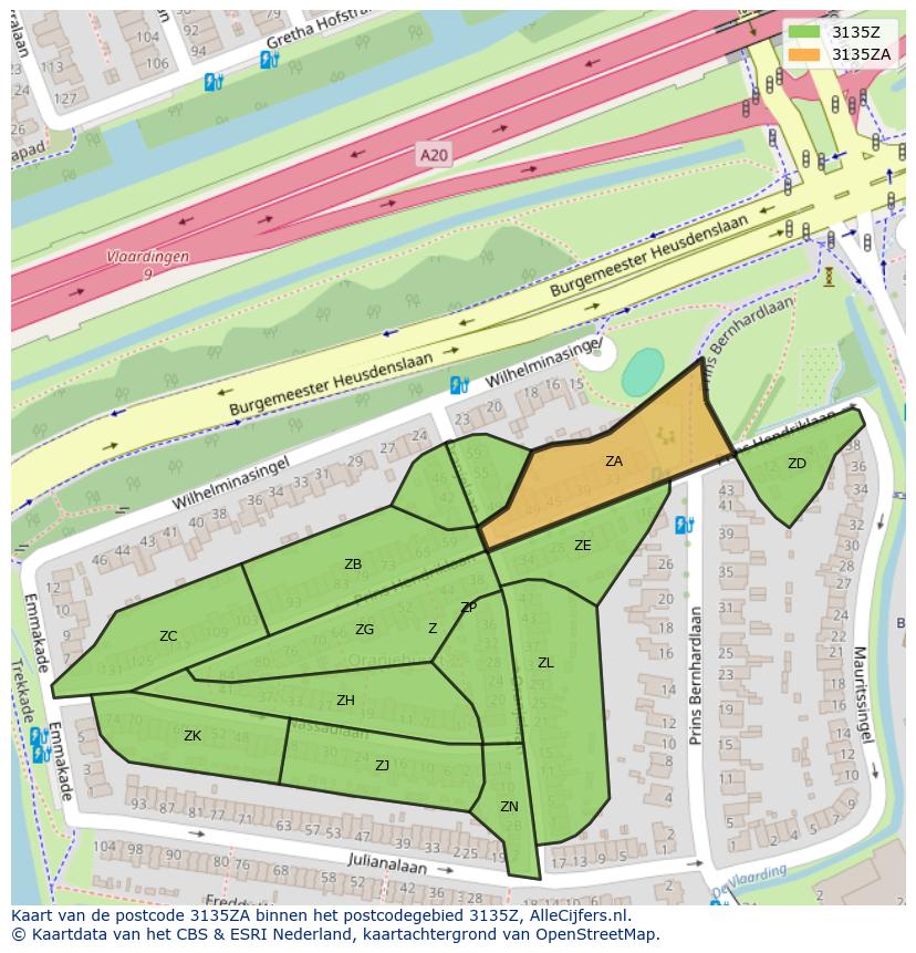 Afbeelding van het postcodegebied 3135 ZA op de kaart.
