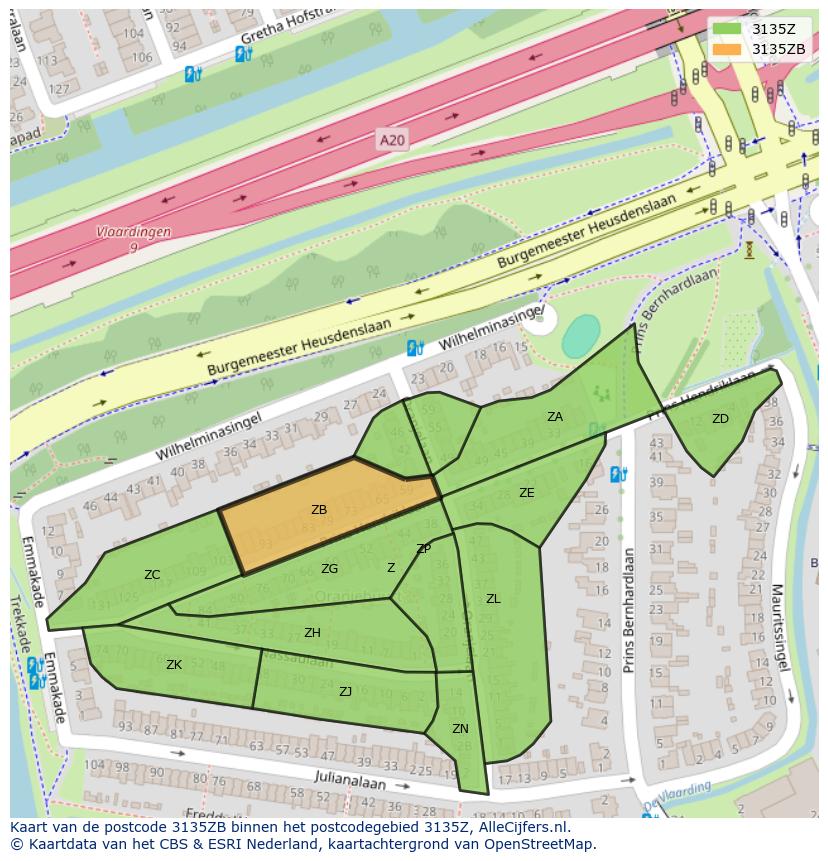 Afbeelding van het postcodegebied 3135 ZB op de kaart.