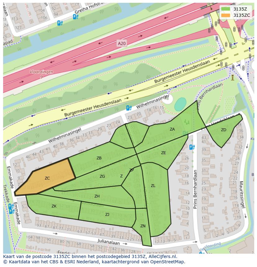 Afbeelding van het postcodegebied 3135 ZC op de kaart.