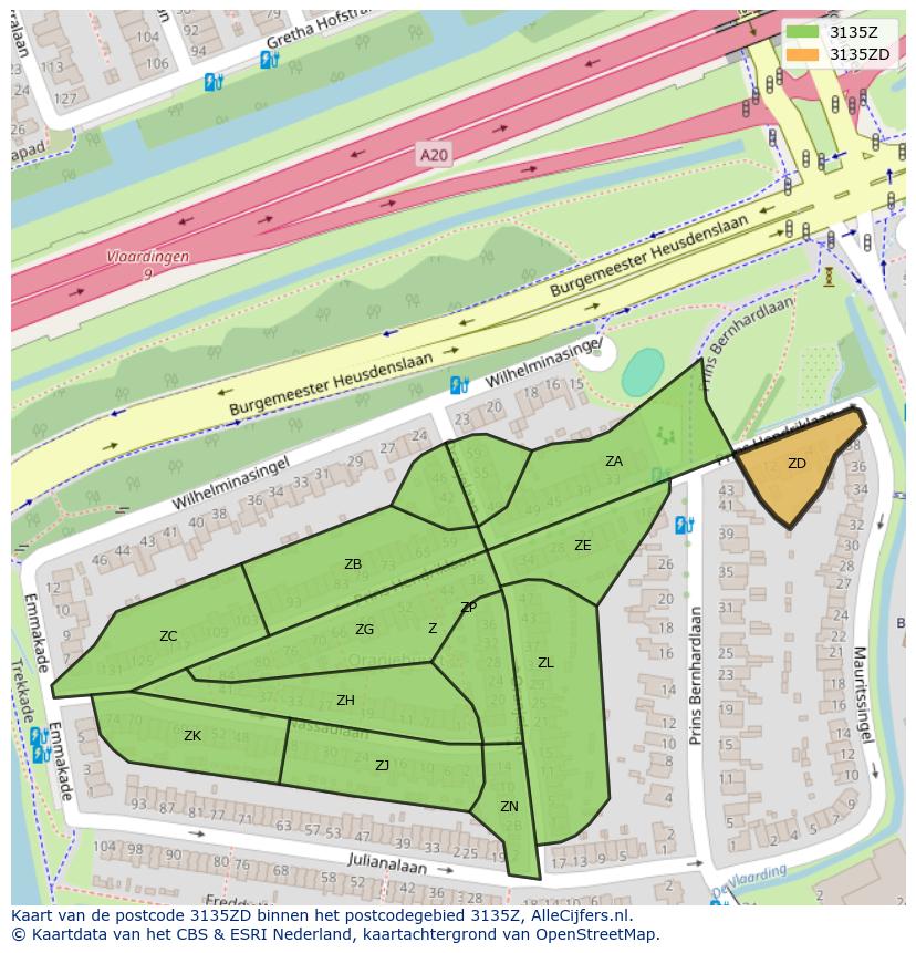 Afbeelding van het postcodegebied 3135 ZD op de kaart.