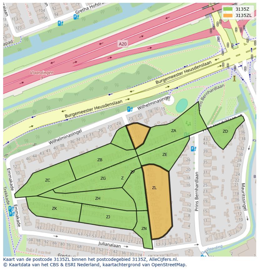 Afbeelding van het postcodegebied 3135 ZL op de kaart.