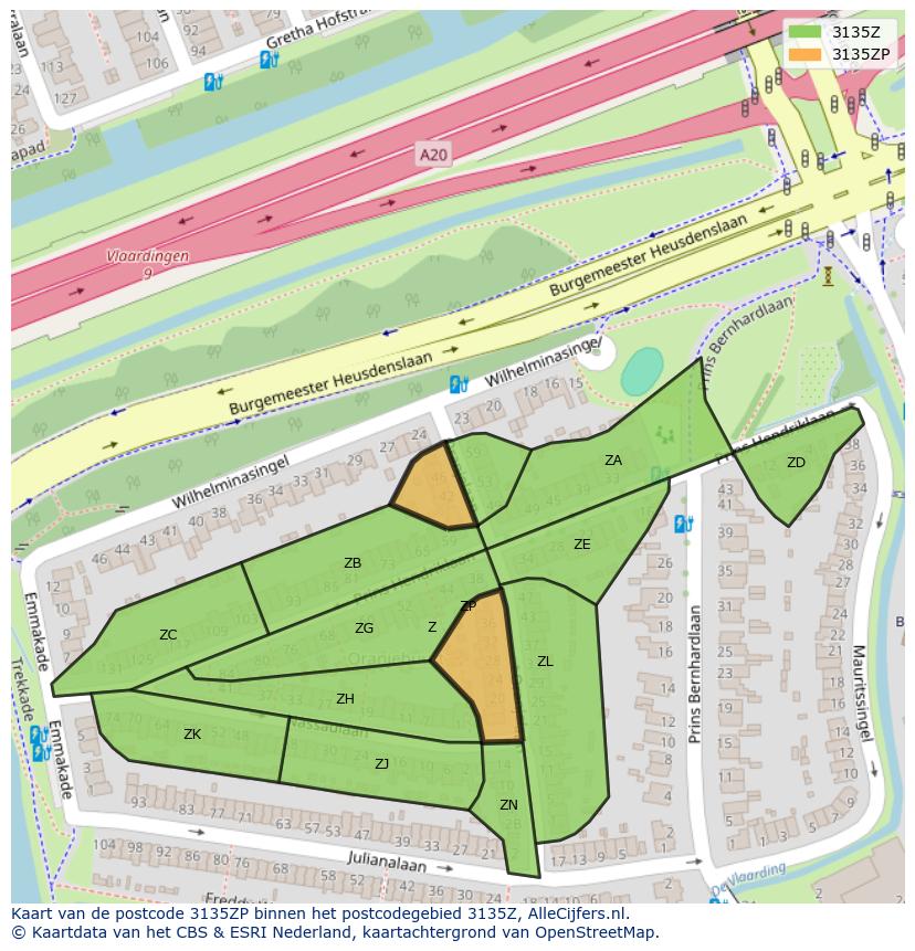 Afbeelding van het postcodegebied 3135 ZP op de kaart.