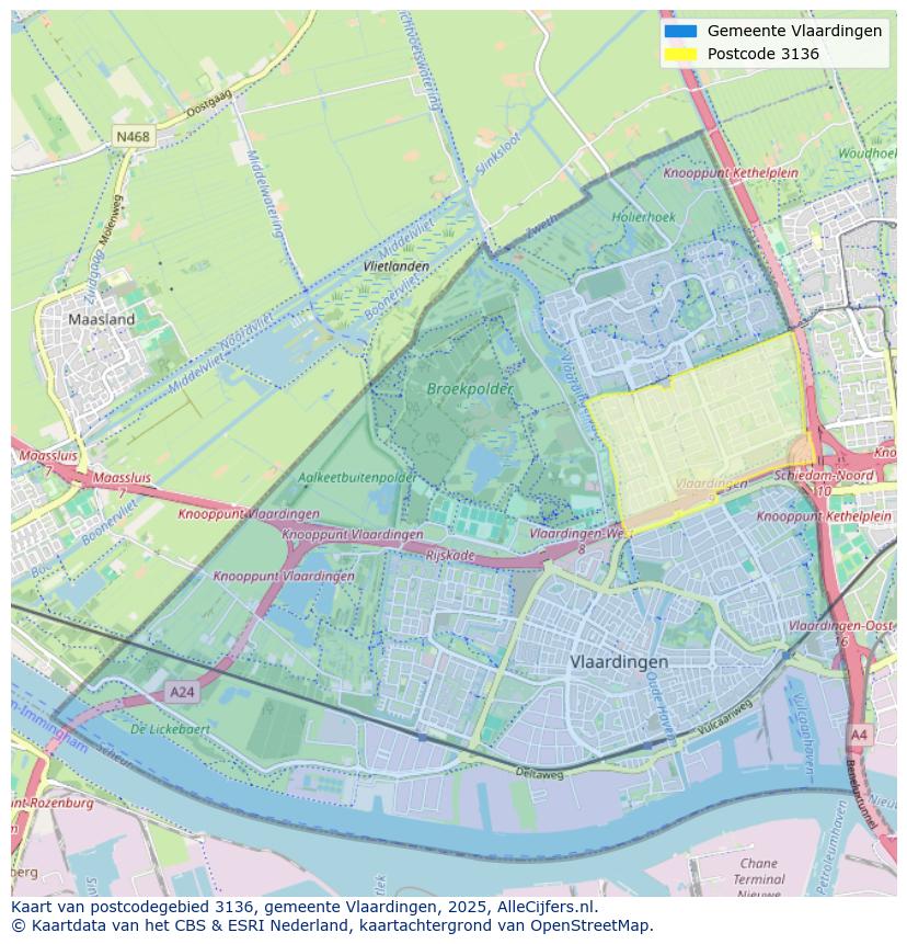 Afbeelding van het postcodegebied 3136 op de kaart.