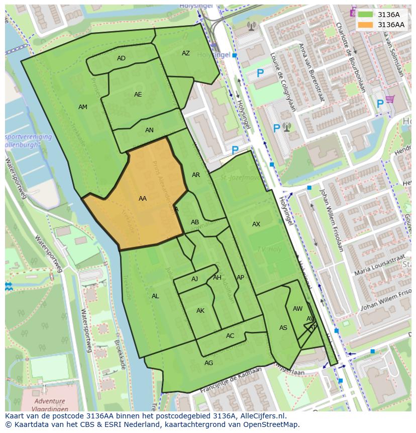 Afbeelding van het postcodegebied 3136 AA op de kaart.