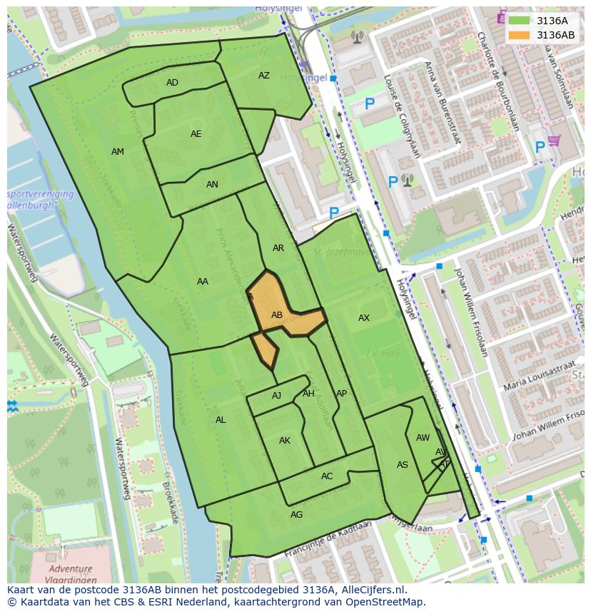 Afbeelding van het postcodegebied 3136 AB op de kaart.