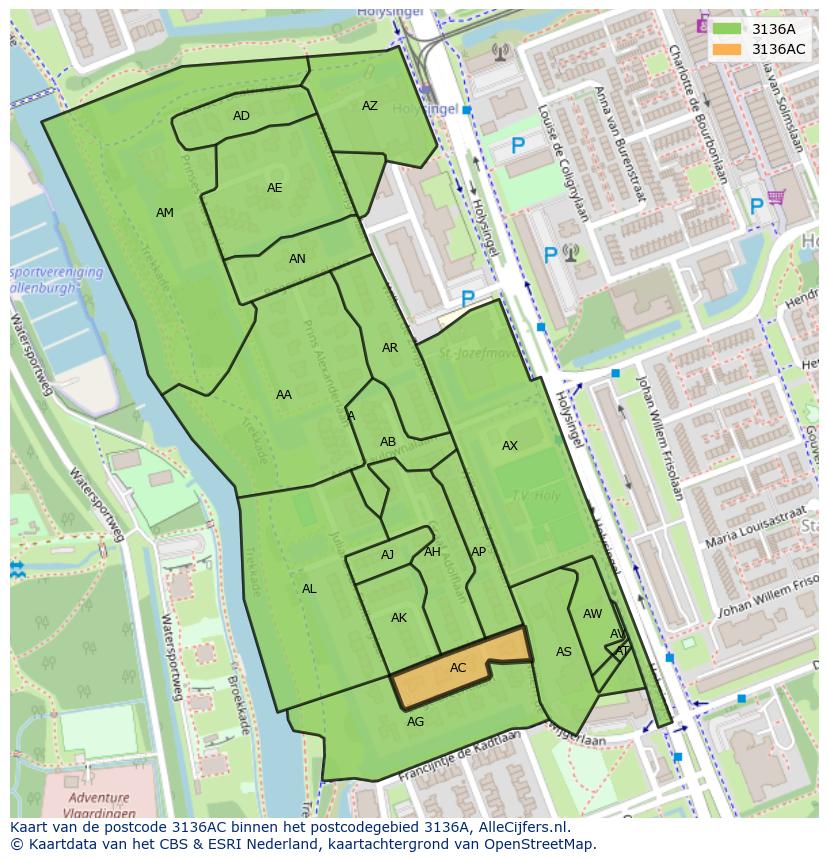 Afbeelding van het postcodegebied 3136 AC op de kaart.