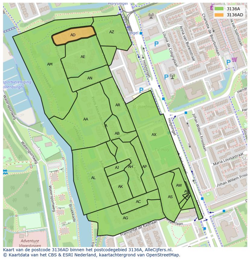 Afbeelding van het postcodegebied 3136 AD op de kaart.