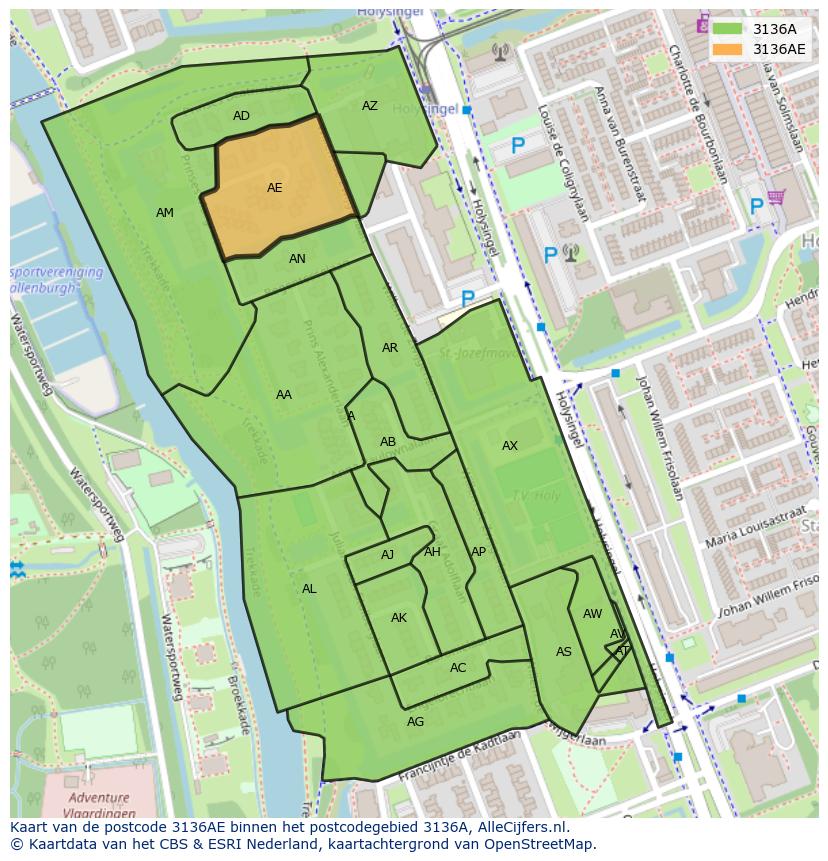 Afbeelding van het postcodegebied 3136 AE op de kaart.