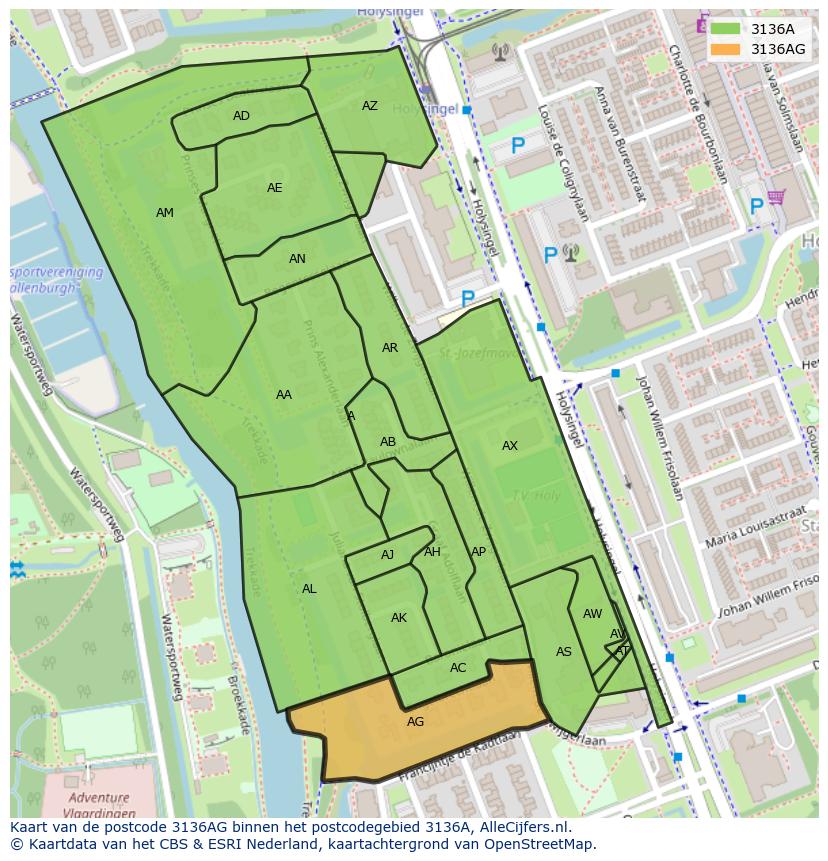 Afbeelding van het postcodegebied 3136 AG op de kaart.