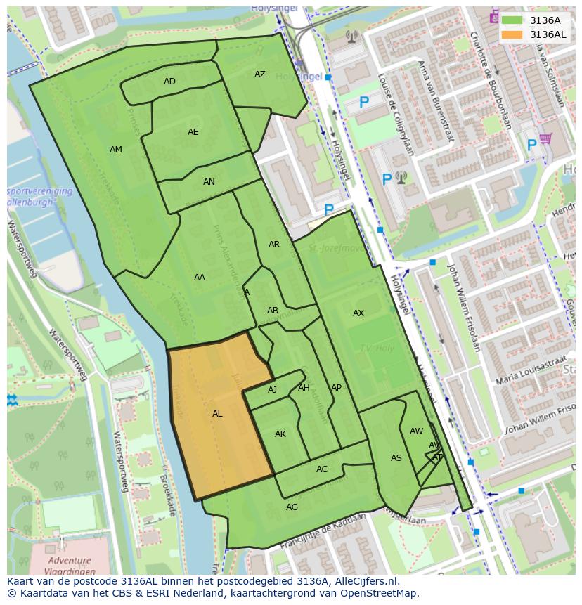 Afbeelding van het postcodegebied 3136 AL op de kaart.