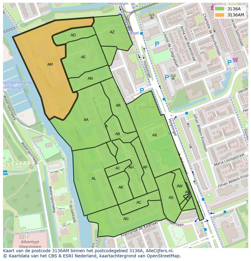 Afbeelding van het postcodegebied 3136 AM op de kaart.