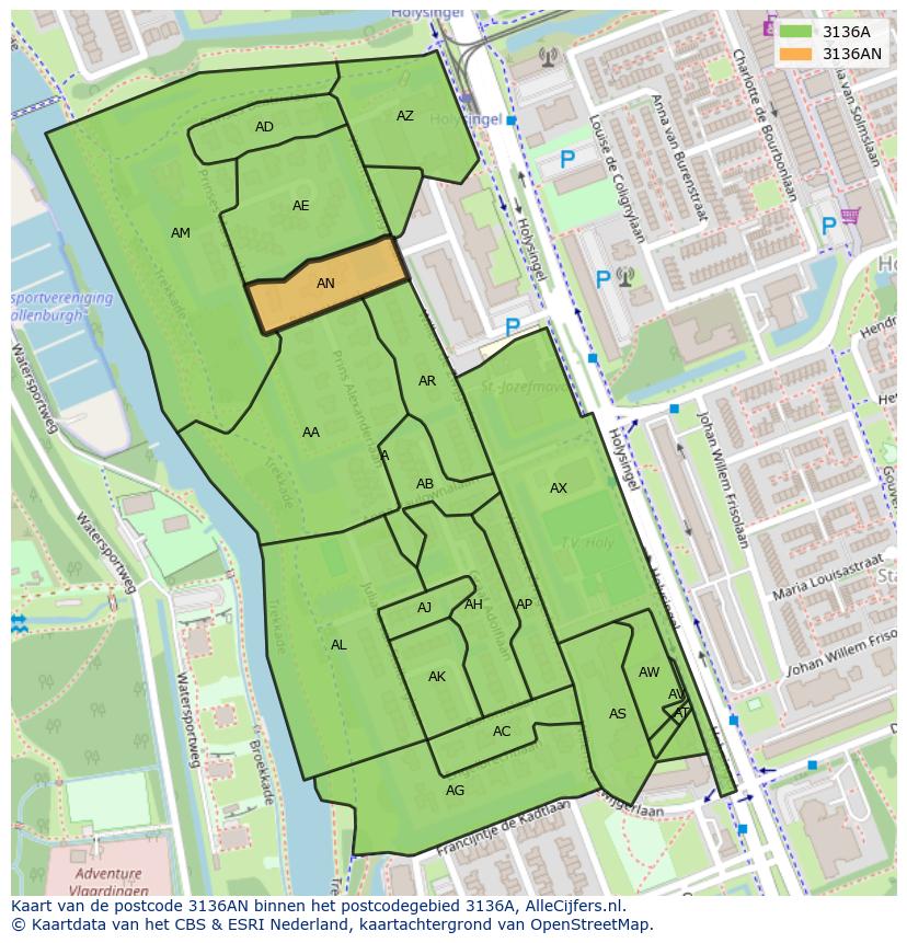 Afbeelding van het postcodegebied 3136 AN op de kaart.