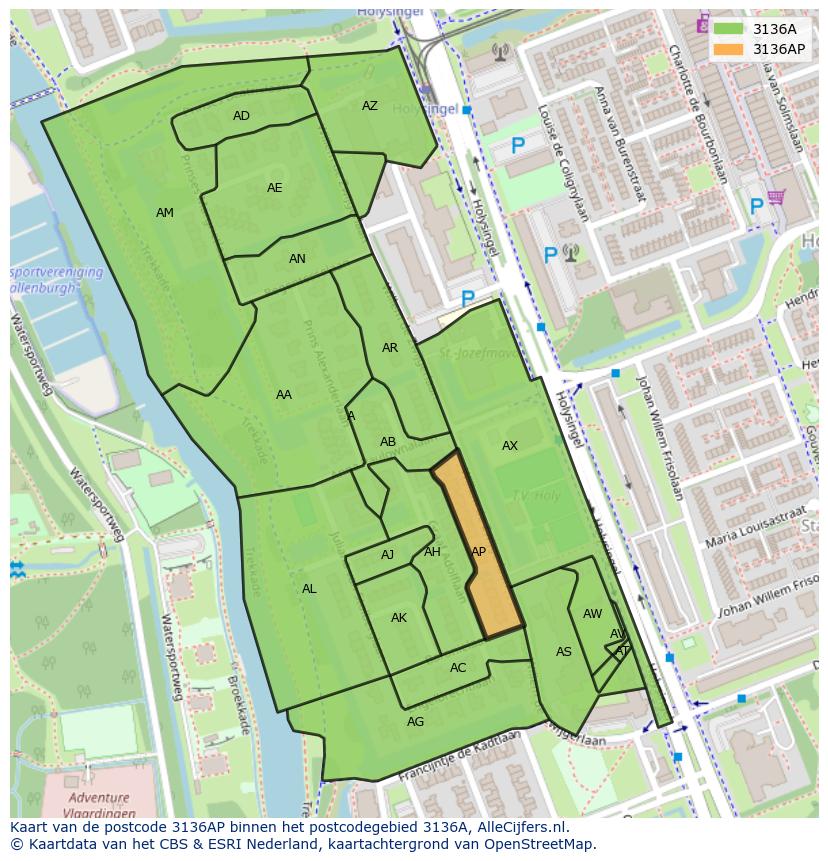 Afbeelding van het postcodegebied 3136 AP op de kaart.