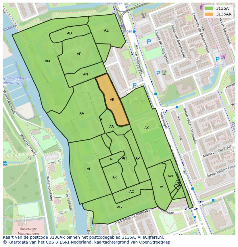 Afbeelding van het postcodegebied 3136 AR op de kaart.