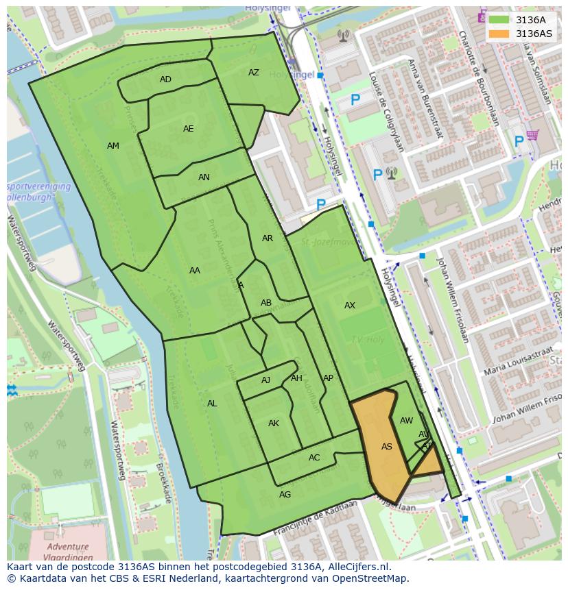 Afbeelding van het postcodegebied 3136 AS op de kaart.