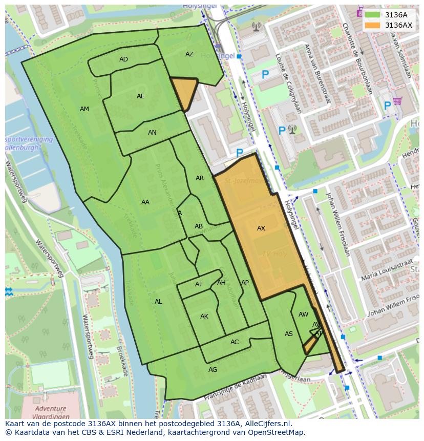 Afbeelding van het postcodegebied 3136 AX op de kaart.