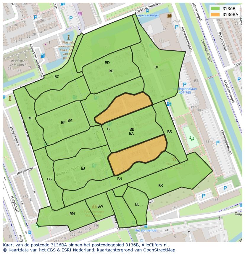 Afbeelding van het postcodegebied 3136 BA op de kaart.