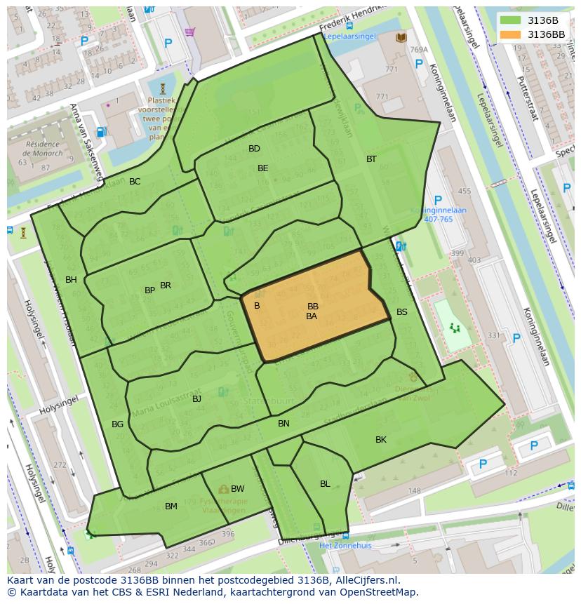 Afbeelding van het postcodegebied 3136 BB op de kaart.